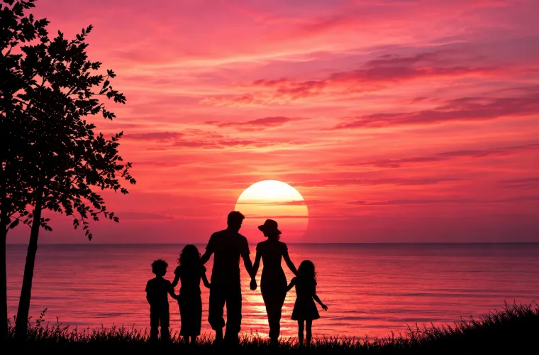 Silhouette di una famiglia di cinque persone che si tengono per mano in riva al mare al tramonto