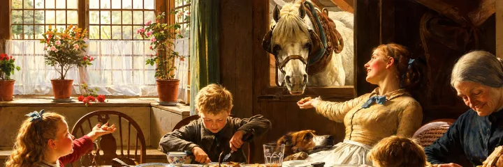 Una scena dipinta di una famiglia che condivide un pasto nella cucina soleggiata di una casa colonica