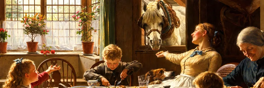 Una scena dipinta di una famiglia che condivide un pasto nella cucina soleggiata di una casa colonica