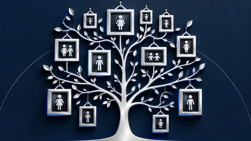 Un albero genealogico argentato con cornici di ritratti appese ai rami, su fondo blu notte