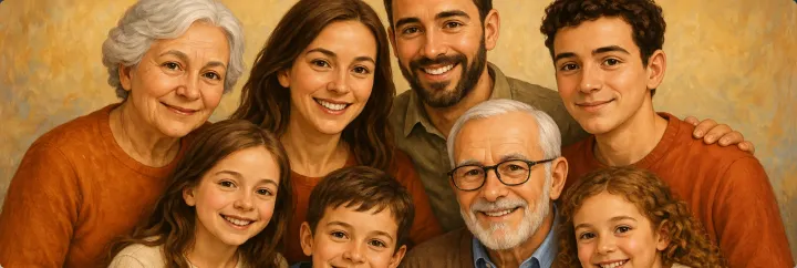 Un ritratto dipinto di tre generazioni di una famiglia che sorridono insieme